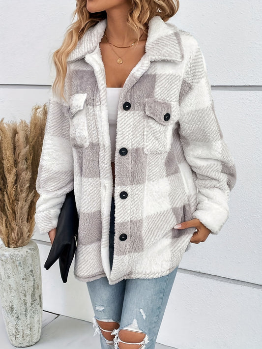 ChicBeautyy Women's Multicolored Plush Plaid Button Down Jacket Loose Coat with Pockets(BUY 2 FREE SHIPPING)