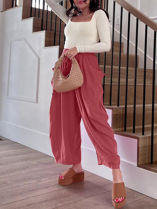 🔥Womens Linen Wide Leg Pants Casual Loose Beach Palazzo Harem Pants with Pockets
