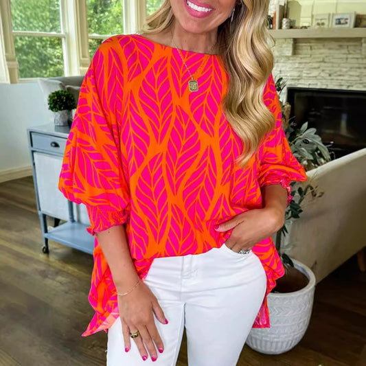 ✨Virina Bluzo kun Foliaj Presaĵoj kaj Ŝvelmanikoj (AĈETU 2 SENPAGA SENDADO)