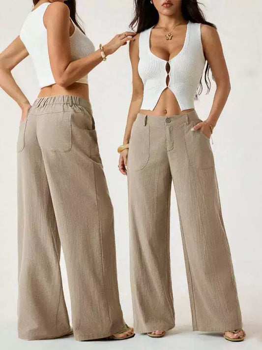 Chicbeautyy womens classic linen palazzo pants elastic waist pockets