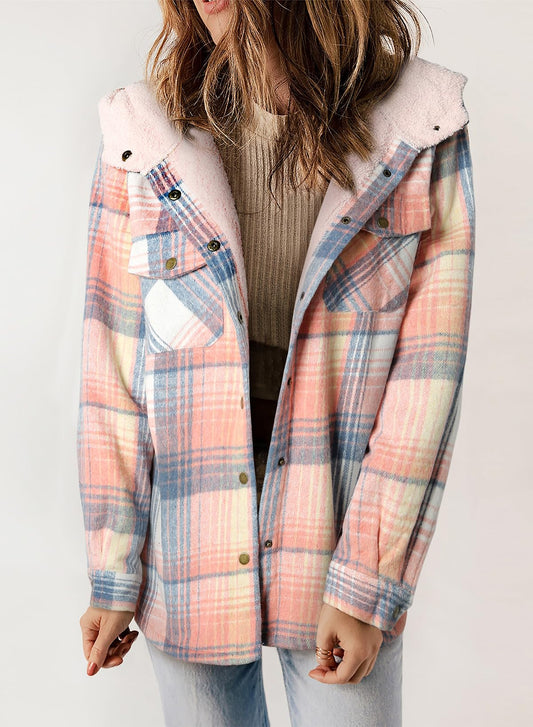 Chic Beautyy Women's Thickened Flannel Long Sleeve Plaid Jacket Coat with Hood(Buy 2 Free Shipping)