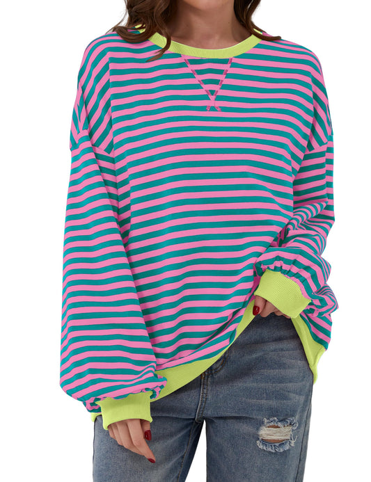 Women's oversized striped long sleeve pullover with bright colors.