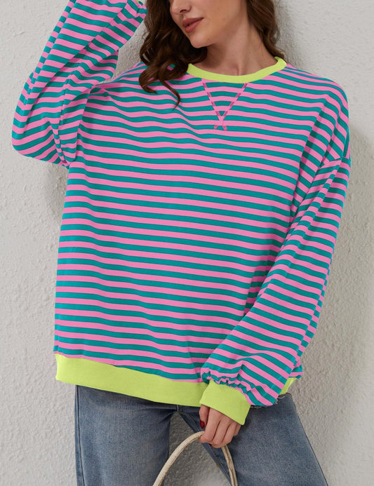 Women's oversized long sleeve striped pullover in bright colors.