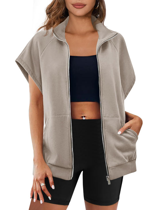 Women's sleeveless zip-up sweatshirt with pockets, stylish and comfortable wardrobe staple.