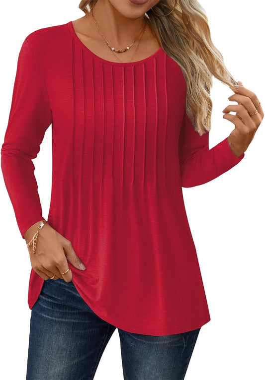 Chicbeautyy Womens Dressy Long Sleeve Pleated Tops Casual Chic Crew Neck Blouses