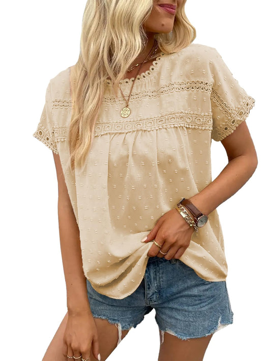 2025 New Women's Summer Tops Crewneck Lace Crochet Short Sleeve Shirts(buy 2 free shipping)