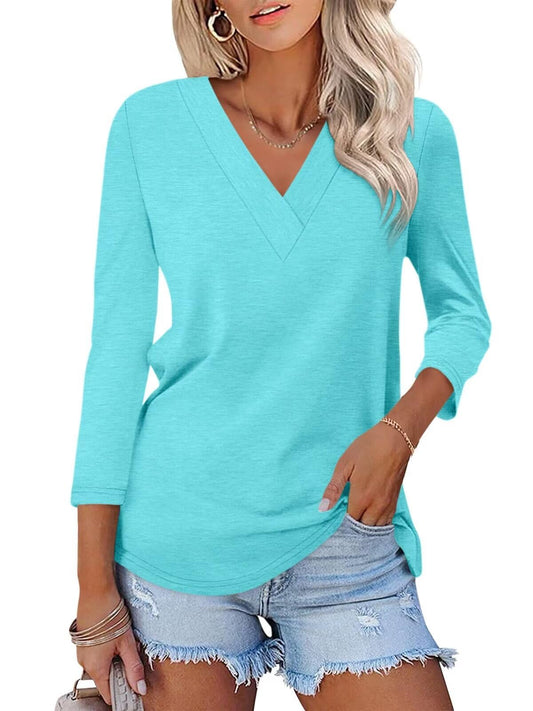 Chicbeautyy Women's 3/4 Length Sleeves V Neck Basic Tops (Buy 2 Free Shipping)