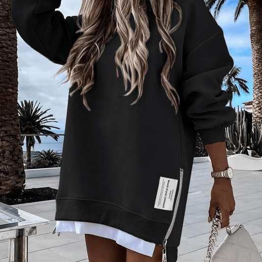 ChicBeautyy Long Sleeve Pullover Sweatshirt Zipper Slit Casual Dress
