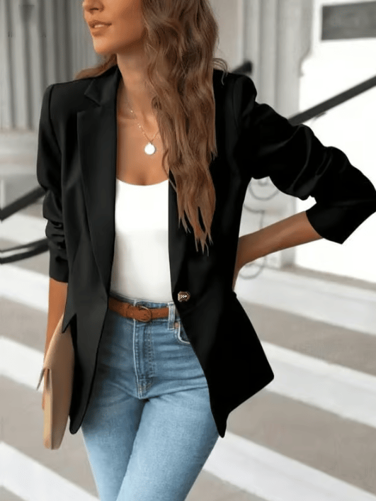 ChicBeautyy Women's Minimalist Solid Button Lapel Collar Blazer