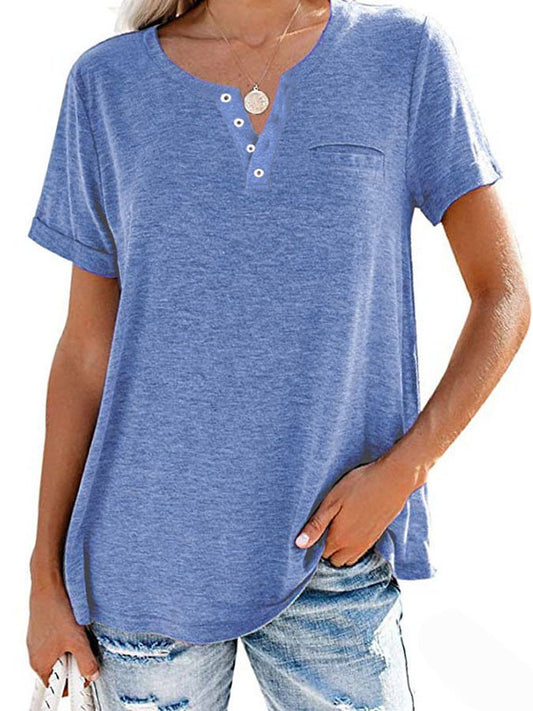 Fashion solid color pocket short sleeve t-shirt in cotton blend with V-neck design.