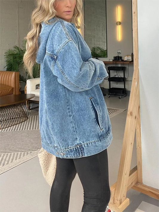 ⏰ChicBeautyy FALL SALE-DENIM HOODED SWEATSHIRT WITH FRONT POCKETS