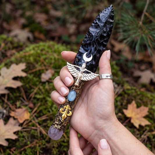 Chicbeautyy Obsidian Blade with Rose Quartz & Blue Chalcedony 26cm Hand Knapped Obsidian Decorative Dagger with Rose Quartz Pommel