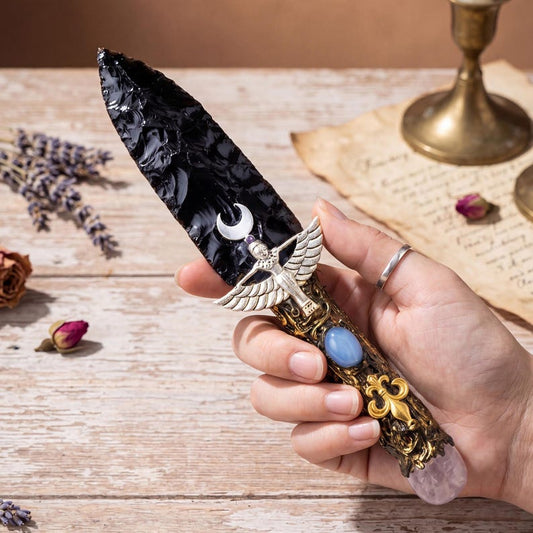Chicbeautyy Obsidian Blade with Rose Quartz & Blue Chalcedony 26cm Hand Knapped Obsidian Decorative Dagger with Rose Quartz Pommel