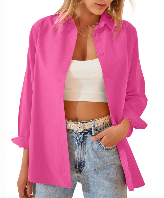 Women's loose casual long sleeve shirt cardigan in solid color cotton.