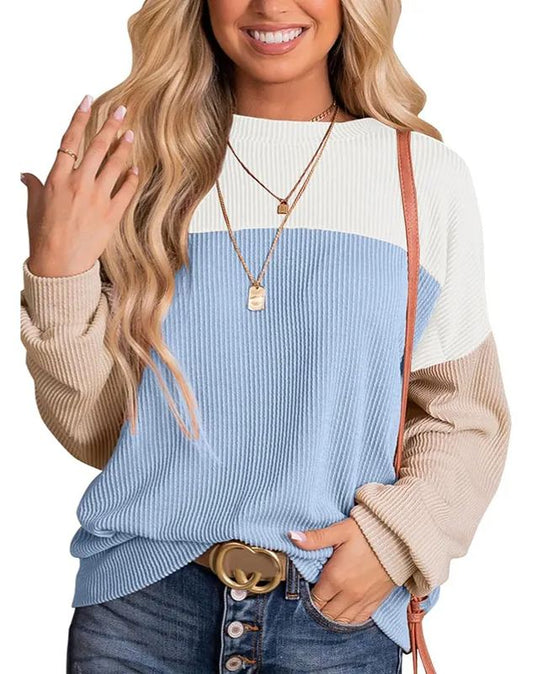 Women's Crewneck Color Block Ribbed Tops (Buy 3 Free Shipping)