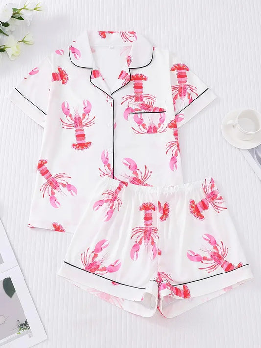 Women's Pink Lobster Print Pajamas Button-Up Short Sleeve and Shorts Homewear(BUY 2 FREE SHIPPING)
