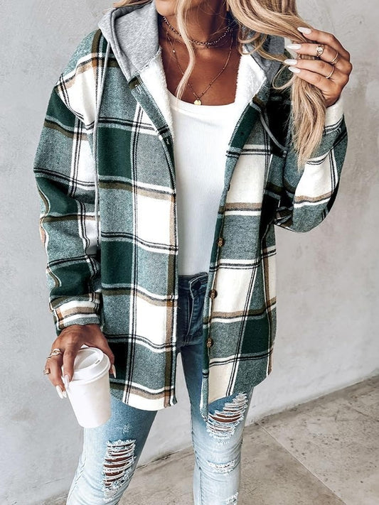 ⏰Chicbeautyy Hot Sale-Women's Plaid Button Down Fleece Lined Hooded Jackets Warm Coat(Buy 2 Free Shipping)