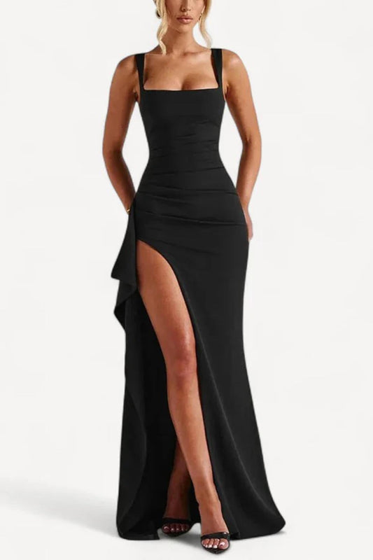 Chicbeautyy Women's Elegant Square Neck Bodycon High Split Ruched Formal Dress