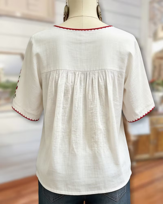 Chicbeautyy Floral Embroidered Loose Gathered Scoop Neck Short Sleeve Blouse