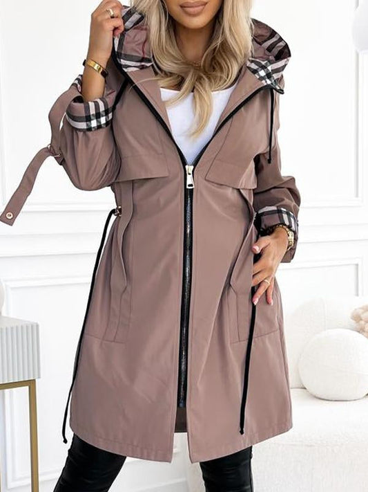 ChicBeautyy Women's Hooded Zipper Drawstring Plaid Print Casual Long Coat-XS-3XL
