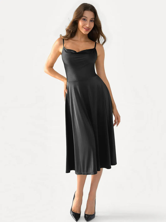 Chicbeautyy Shapewear Strappy Cowl Neck Fit & Flare Midi Dress