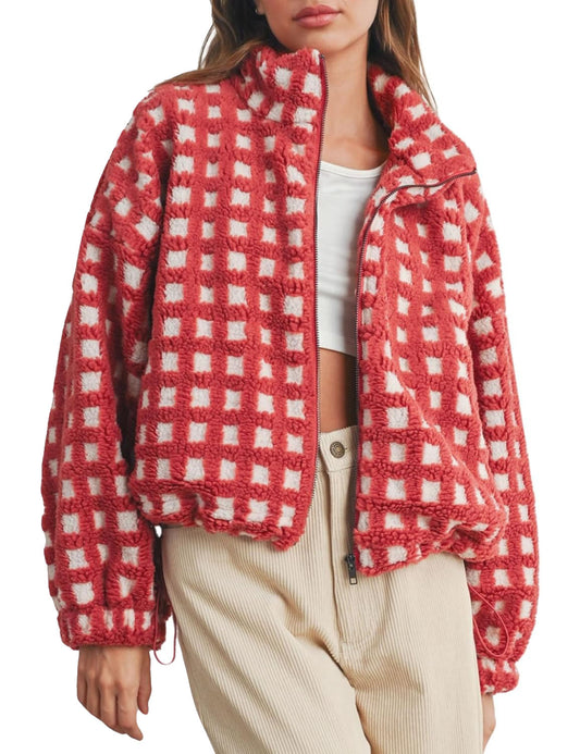 ChicBeautyy Women’s Cropped Sherpa Fleece Plaid Jacket Chunky Teddy Fleece Outerwear