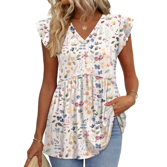 Chicbeautyy Women's Floral V-Neck Ruffle Sleeve Babydoll Blouse