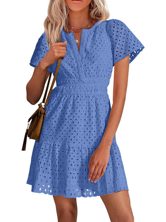 Chicbeautyy Women's V Neck A Line Hollow Out Lace Dress