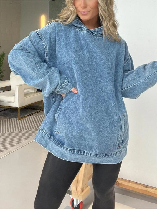 ⏰ChicBeautyy FALL SALE-DENIM HOODED SWEATSHIRT WITH FRONT POCKETS