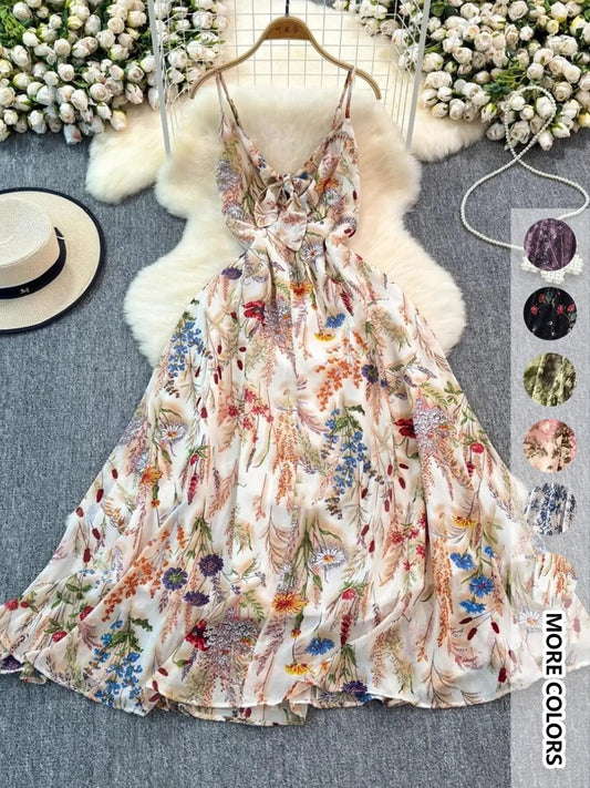 Chicbeautyy Women's Boho Style Floral-Print Spaghetti Strap Cami Dress