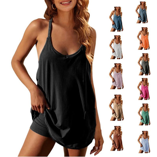 🔥2025 Hot Sale🔥Women's Athletic Sleeveless Mini Dress with Built-in Shorts V Neck Spaghetti Strap Short Tennis Dress with Pockets
