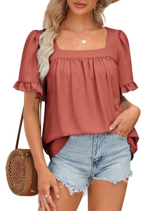 Chicbeautyy Women's Sqaure Neck Ruffle Sleeve Blouses Peplum Tops