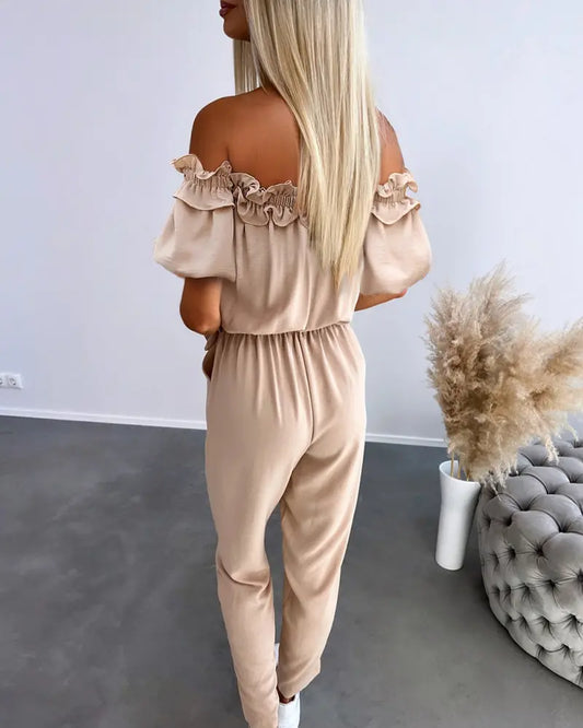 Womens Off Shoulder Frill Hem Tied Detail Jumpsuit