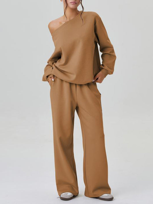 Chicbeautyy Women's Off-Shoulder Long Sleeve Top & Wide-Leg Pants Set