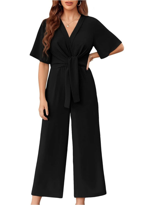 Chicbeautyy Short Sleeve Tie Knot Front Wide Leg Jumpsuits