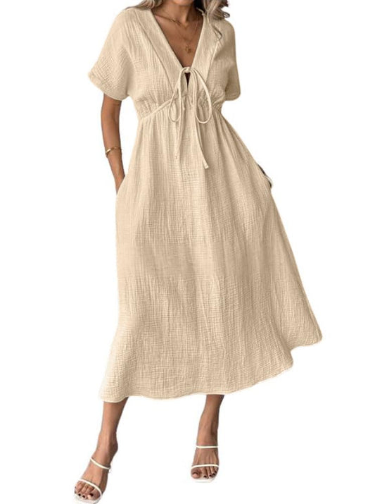 Chicbeautyy Women's Summer Solid Color V-Neck Cotton Dress