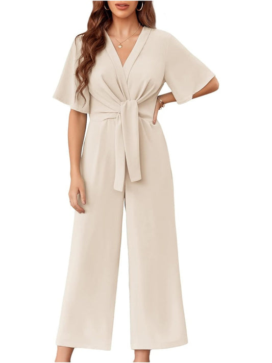 Chicbeautyy Short Sleeve Tie Knot Front Wide Leg Jumpsuits