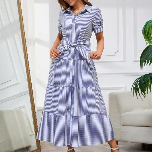 Chicbeautyy Women Button Down Striped Dress Lapel Collar Short Sleeve Dresses