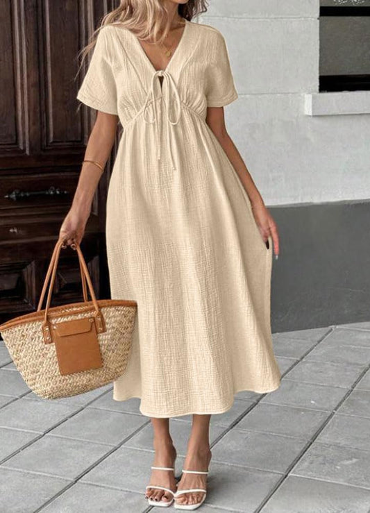 Chicbeautyy Women's Summer Solid Color V-Neck Cotton Dress