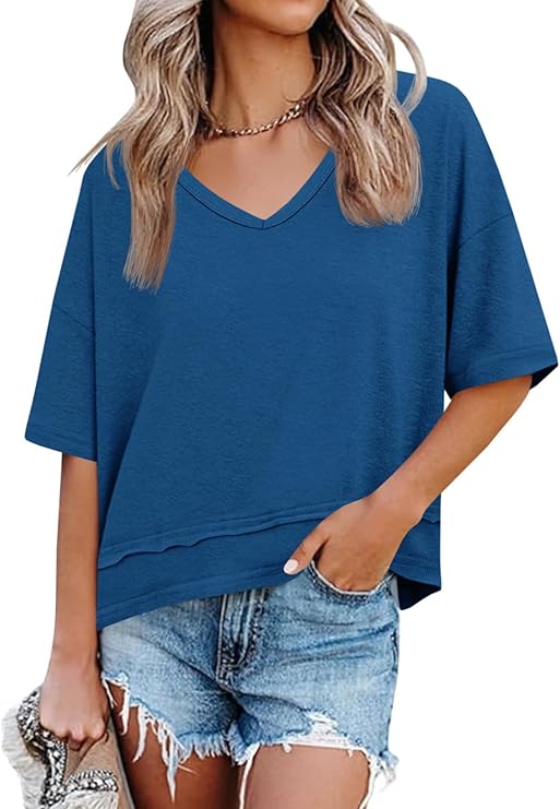 Chicbeautyy Women's V-neck Mid-length Sleeve Spliced Hem Basic Top
