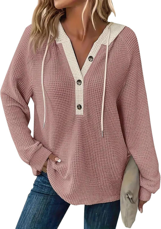 Chic Beautyy Women's Waffle Knit Drawstring Button Long Sleeve Hoodie