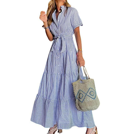 Chicbeautyy Women Button Down Striped Dress Lapel Collar Short Sleeve Dresses