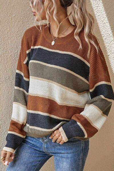 ChicBeautyy Contrast Striped Round Neck Long Sleeve Sweater