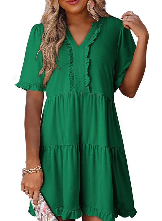 Chicbeautyy Womens V Neck Casual A Line Flowy Swing Shift Dress