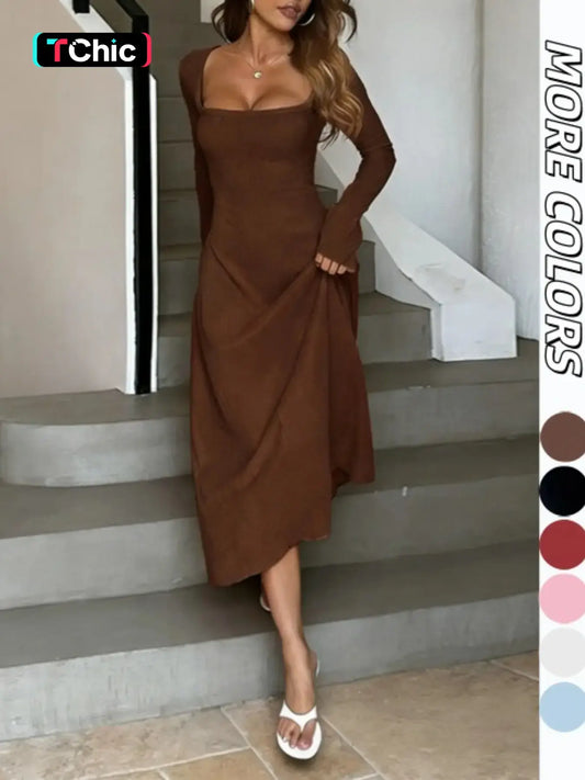 Chicbeautyy Women's Plain Lace Up Tie Back Flounce Sleeve Dress
