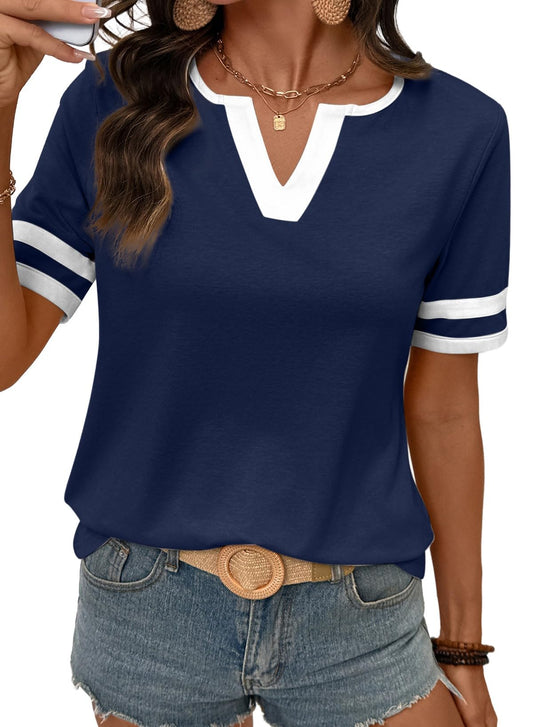 Chicbeautyy Hot Sale-Women's Casual Colorblock V-neck T-Shirt