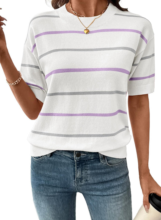 Chicbeautyy Women's  Crewneck Short Sleeve Knit Striped Tops