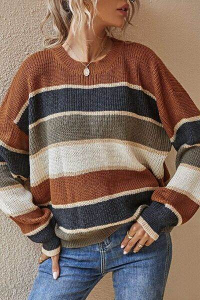 ChicBeautyy Contrast Striped Round Neck Long Sleeve Sweater