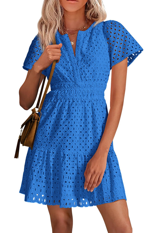 Chicbeautyy Women's V Neck A Line Hollow Out Lace Dress