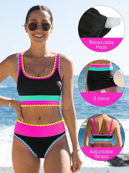 Chicbeautyy Women Tummy Control High Waisted Bikini 3 Piece Bathing Suits